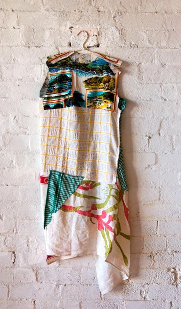 Great Aunty May's Sunday frock for special occasions in the kitchen 2013 tea towels, cotton thread, coat hanger