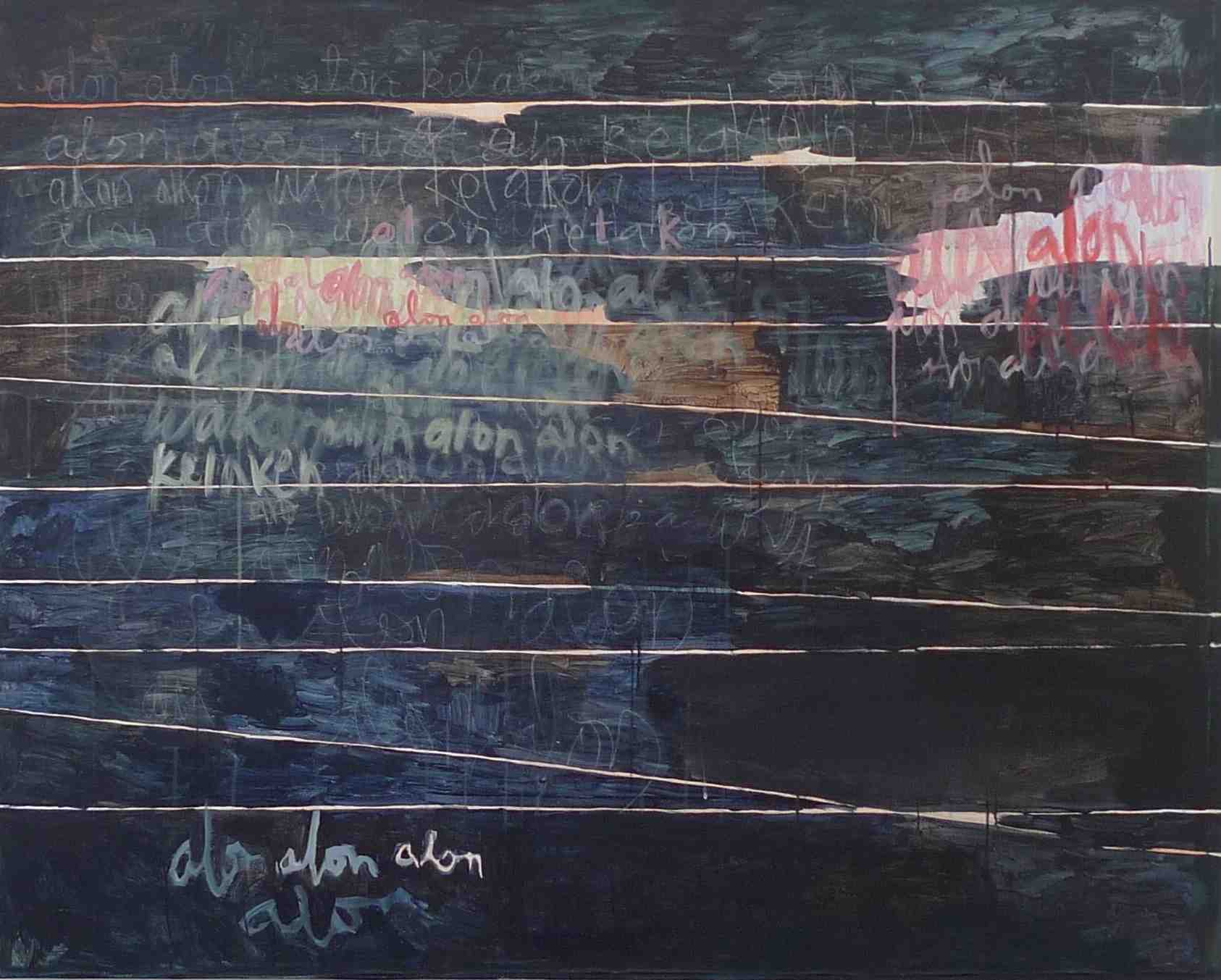 More or Les: language exchange between Pakdhe Daliman and Uncle John (Practising Alon-alon) 2012 acrylic and pastel on canvas 122cm x 152 cm