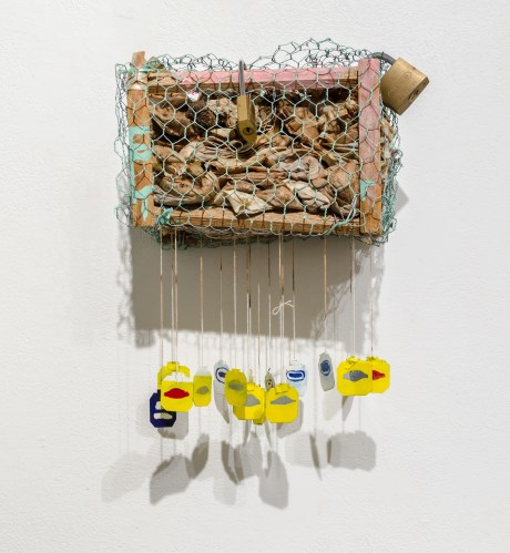 Caffeine Cage (wire, wood, enamel, padlocks, teabags, tin)