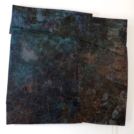 Ida Lawrence, Tangled Constellations 2014-2015 acrylic and pencil on plywood, light, 93 cm x 92 cm