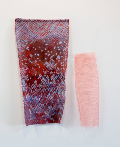 Pale Imitation (Cadmium Red Diagonals) acrylic on canvas, 90 x 45 cm; plastic mesh