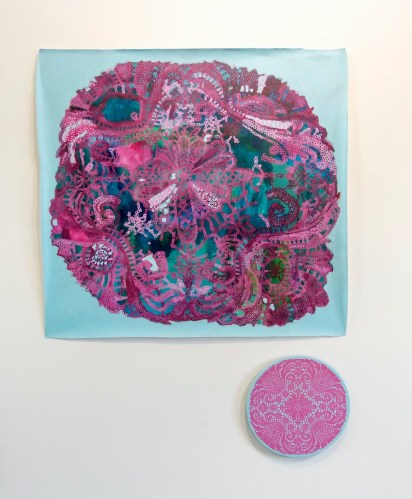 Pale Imitation (Hot Pink) acrylic on canvas, 90 x 98 cm; plastic doily