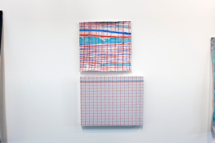 Pale Imitation (Red and Blue Stripes) acrylic on canvas, 40 x 43 cm; tea towel