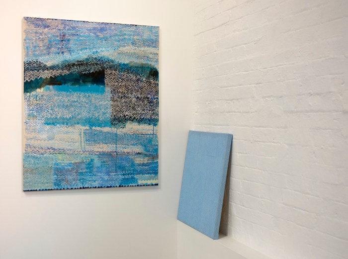 Pale Imitation (White and Blue Zigzags) acrylic on canvas, 122 x 102 cm; regular household wipes