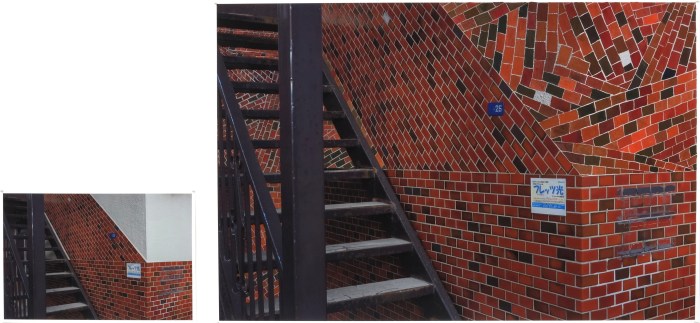 Failed Restoration (Hiragishi, Sapporo) 2016, gouache on pigment print on Hahnemühle cotton rag, 21 cm x 31 cm and 51 cm x 76 cm