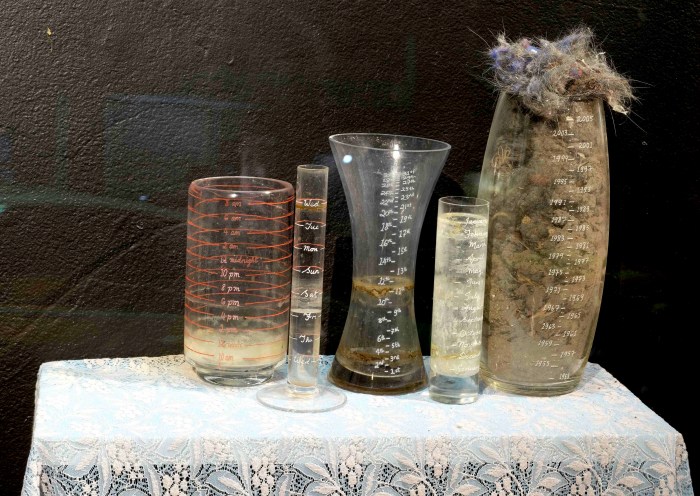 Accumulation Calendar (etched glass time measuring vessels, dust, unidentifiable liquids) 