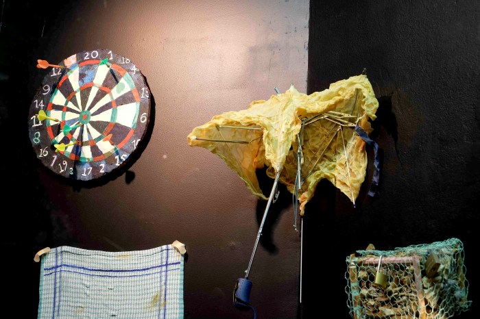 Good Enough (dart board, acrylic, darts), Carcass (umbrella remains, latex flesh)