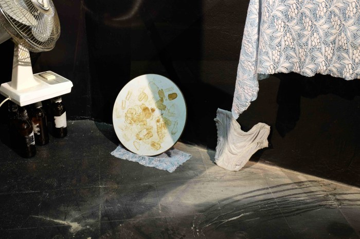 Thingamy (tea stains on circular batt), Old Mate (knickers, unidentifiable dried liquids)