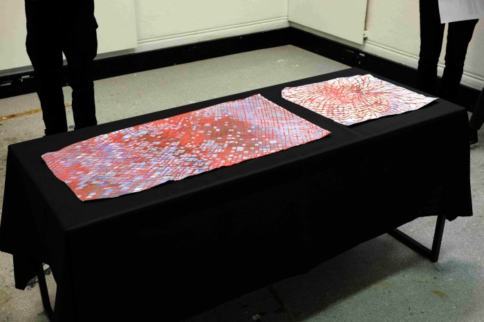 Pale Imitation (Cadmium Red Diagonals)  2016, acrylic on canvas, 90 x 45 cm;   Pale Imitation (Cadmium Red Spirals) 2016,  acrylic on canvas, 48 x 44 cm