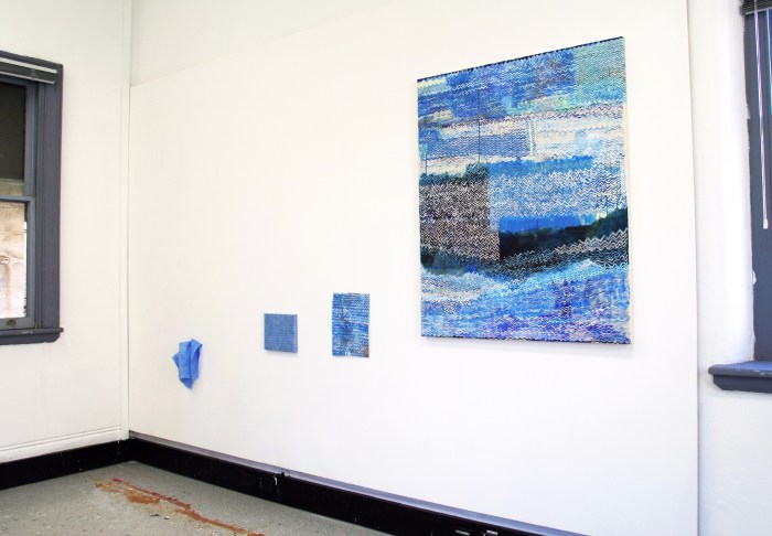 Far right: Pale Imitation (White and Blue Zigzags)  2016, acrylic on canvas, 122 x 102 cm 