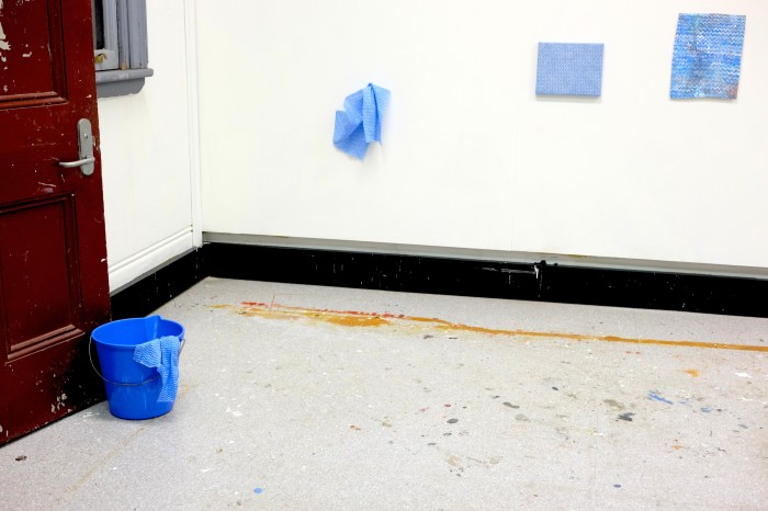 Installation view Household wipe and bucket; Household Wipe; Pale Imitation (Blue and White Zigzags I)  Black and Gold Regular Household Wipe, Pale Imitation (Blue and White Zigzags I)  acrylic on canvas, 33 x 26 cm 2016