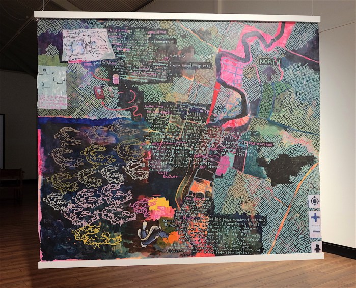 Ida Lawrence, A village and surrounds I (maps and props) 2019 acrylic on unstretched canvas, 160x187cm.JPG