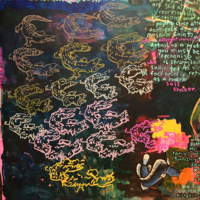 Ida Lawrence, detail3, A village and surrounds I (maps and props) 2019 acrylic on unstretched canvas, 160x187cm.jpg